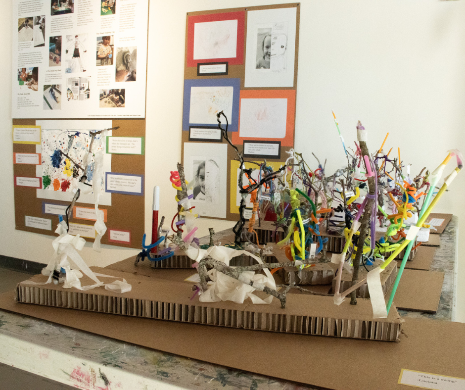 Display of children's artwork, teacher narratives, and three dimensional tree sculptures. 