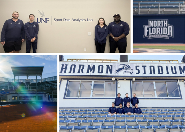 Collage of photos of the UNF Student Analysis Baseball and Softball team with photos of field