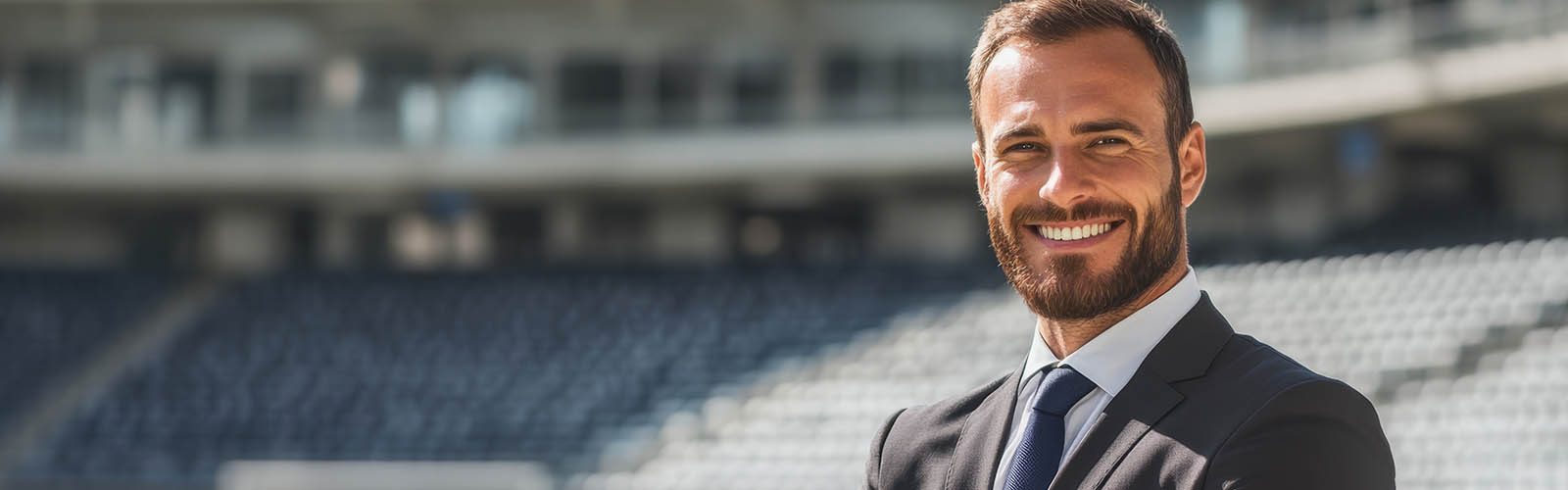 Young male smiling in a suit and tie at a sports stadium