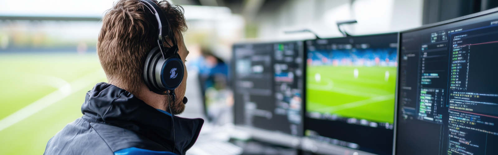 Man on sidelines doing sport data analytics on computer