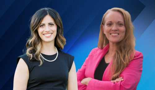 Headshots of Dr. Adrien Malek-Lasater and graduate student Courtney Ballestero on a blue gradient background.