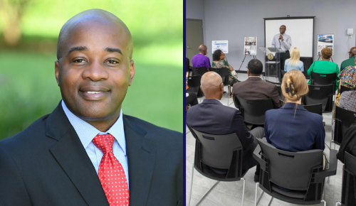 A split image with two photos side by side: a professional headshot and Grant speaking to audience
