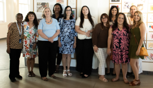 UNF Preschool teachers stand in front of student artwork on display at MOCA.