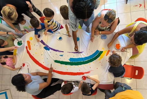 Overhead shot of classroom art project in Italy