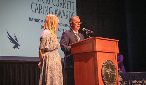 2026 Student Awards Ceremony with Dr. Steve Dittmore and Dr. Katrina Hall on stage