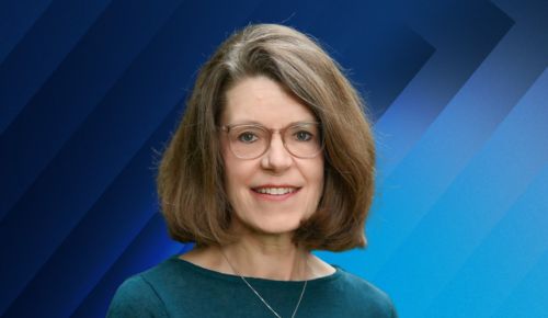 Headshot of Terrie Galanti with a osprey blue geometric background