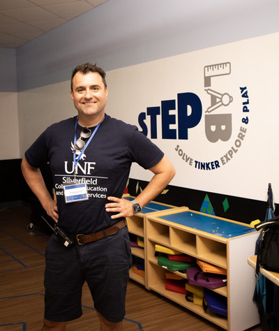 Xavier in a Silverfield t-shirt in the STEP Lab