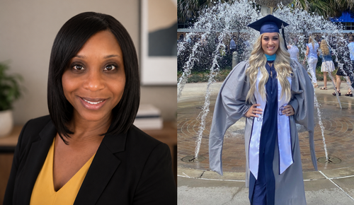 Side-by-side photos showing a smiling professional headshot of a woman in a blazer and yellow top, and a graduate in a cap and gown posing in front of a fountain.