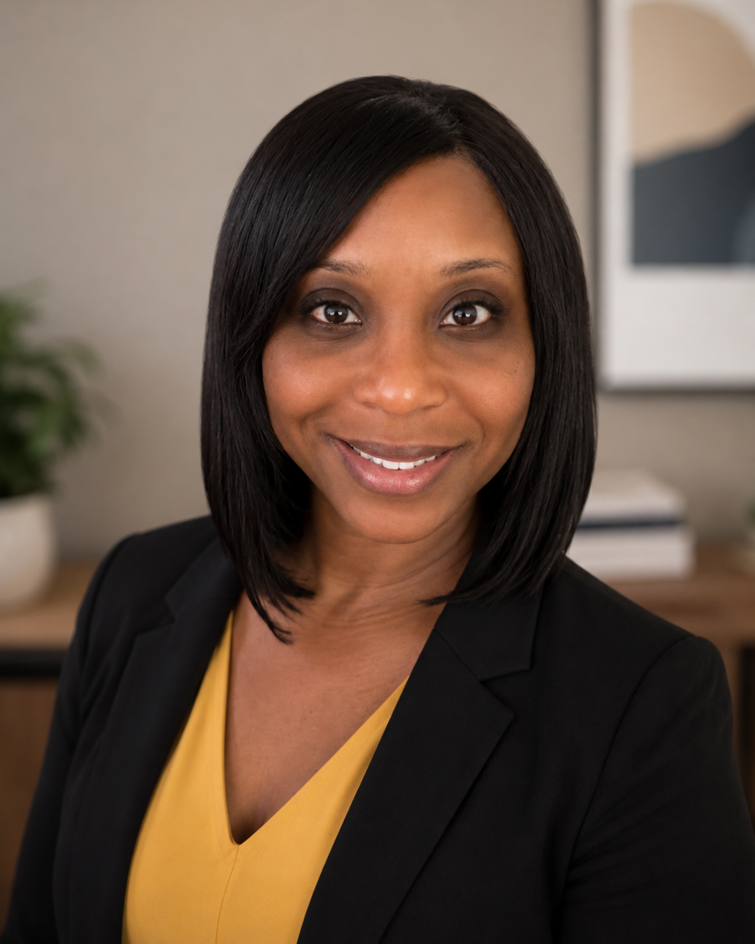 Professional headshot of a smiling woman with shoulder-length black hair, wearing a black blazer over a mustard-yellow top in an office setting.