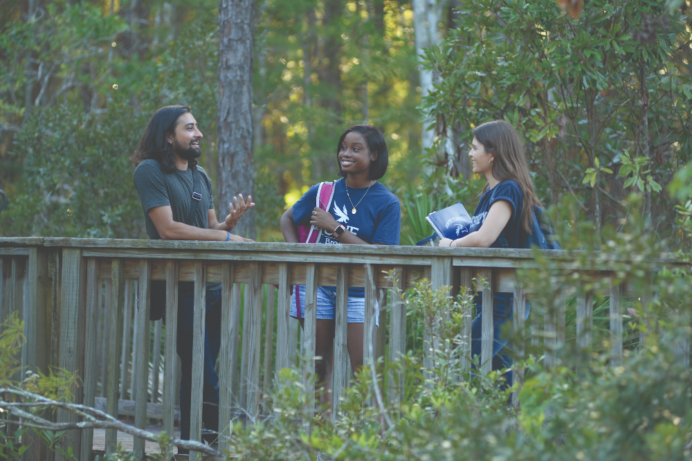 Three UNF students on a boardwalk talking and surrounded by nature
