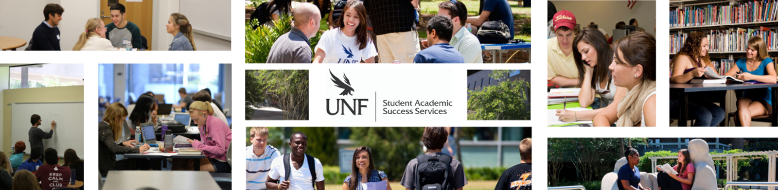 Collage of students around campus working with advisors, on projects, and studying text of Student Academic Success Services