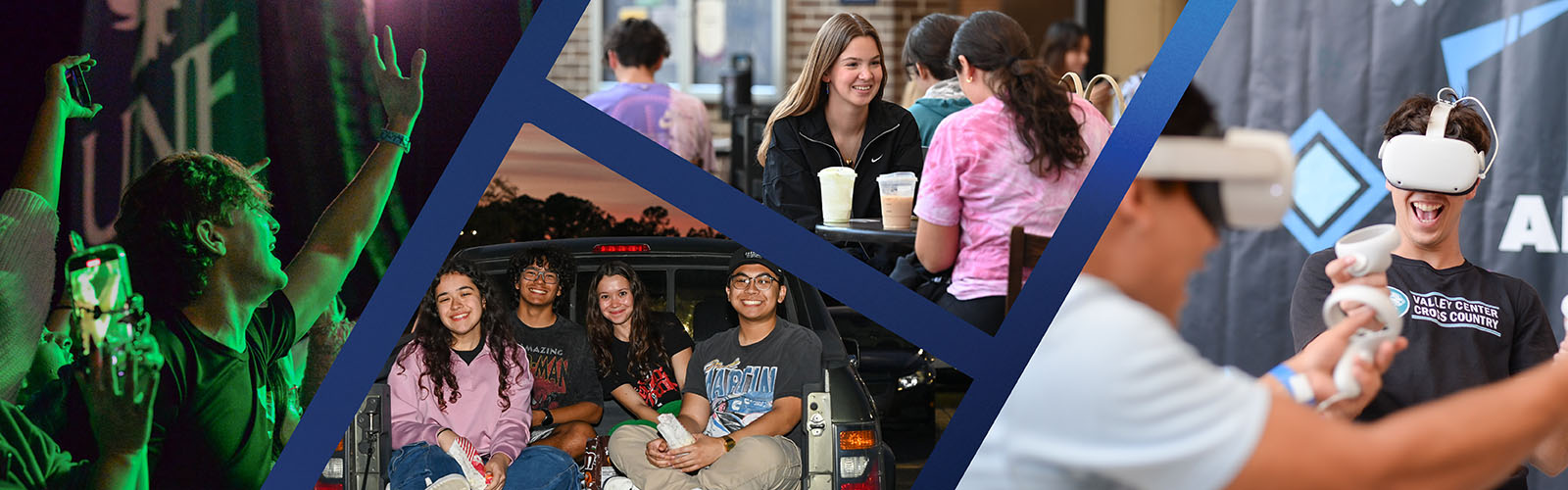 collage of students at a concert, having coffee, watching a drive-in movie and playing on vr controllers