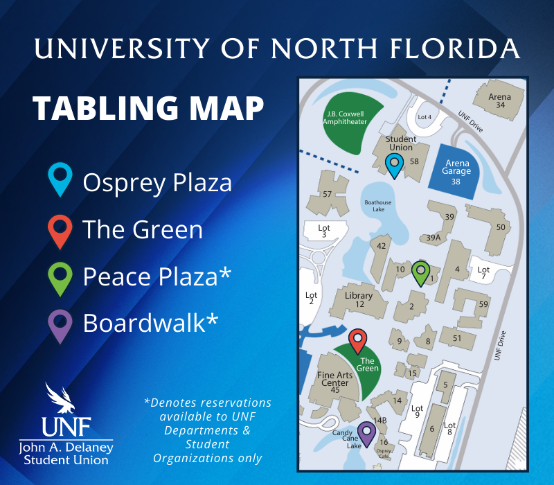 Map of tabling locations: Osprey and Peace Plazas Green Boardwalk