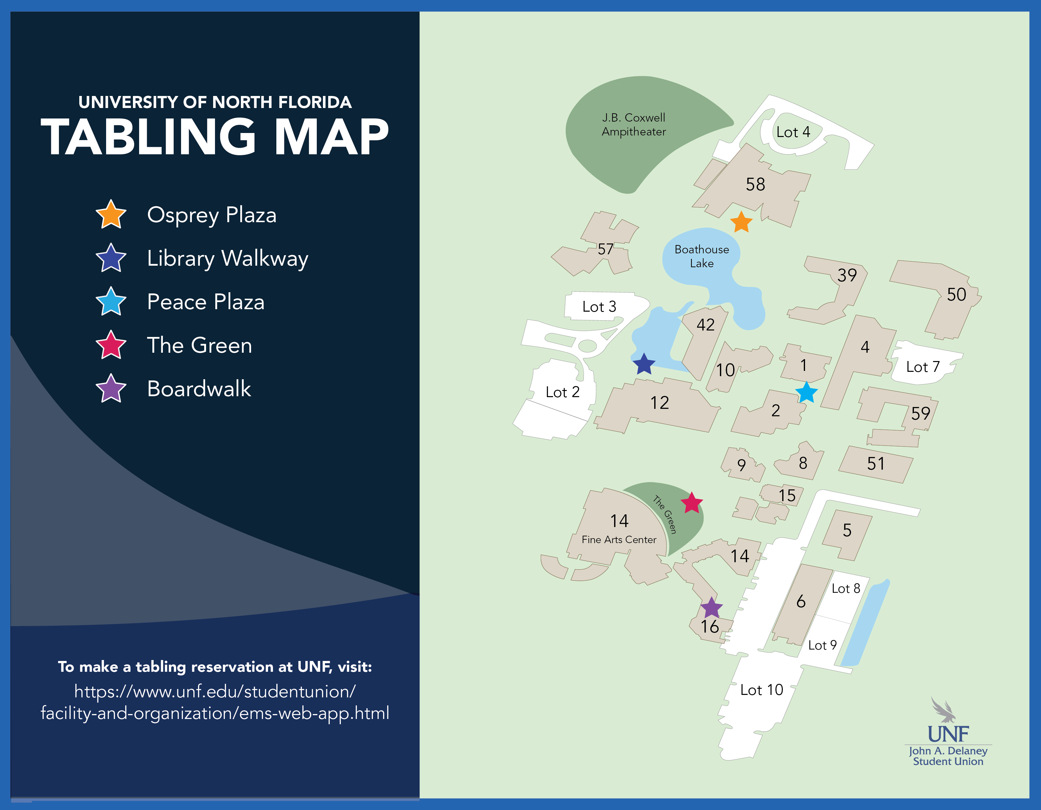 UNF campus map with colorful stars marking tabling locations