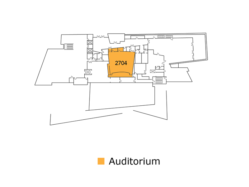 Map of 2nd floor west with room 2704 Auditorium highlighted orange