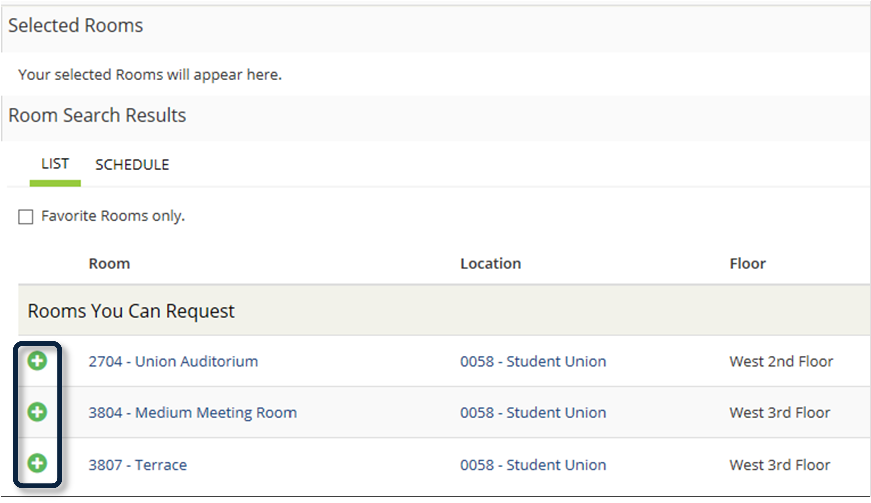Screenshot of Add Rooms buttons on left side of website