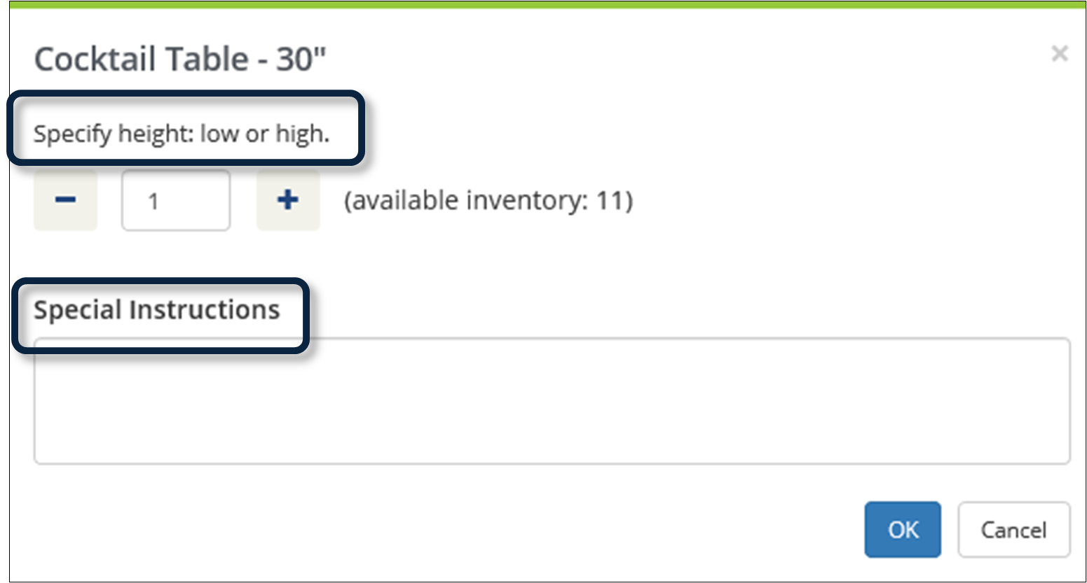 screenshot of cocktail table resource with special instructions