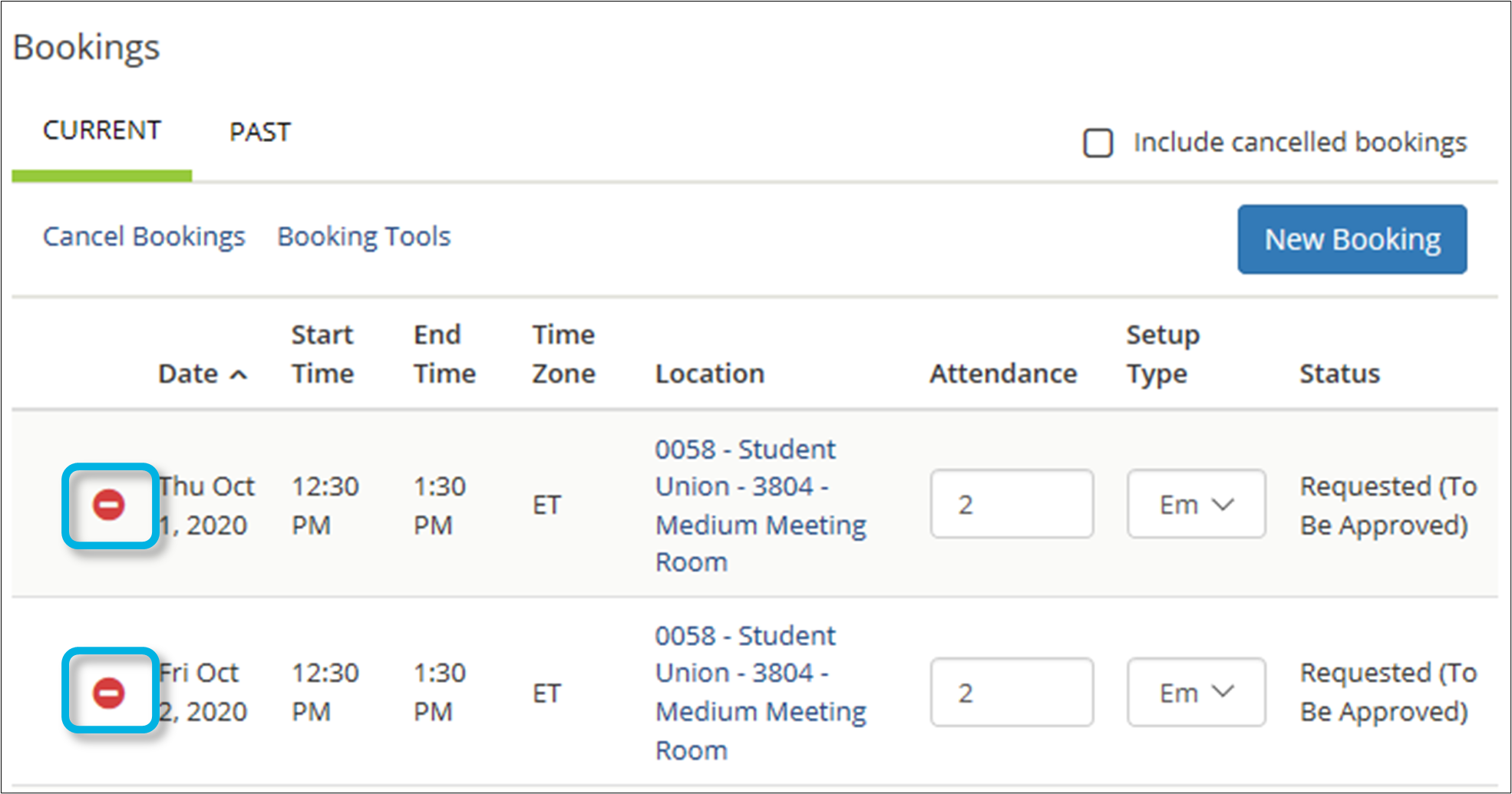 screenshot of cancel booking links