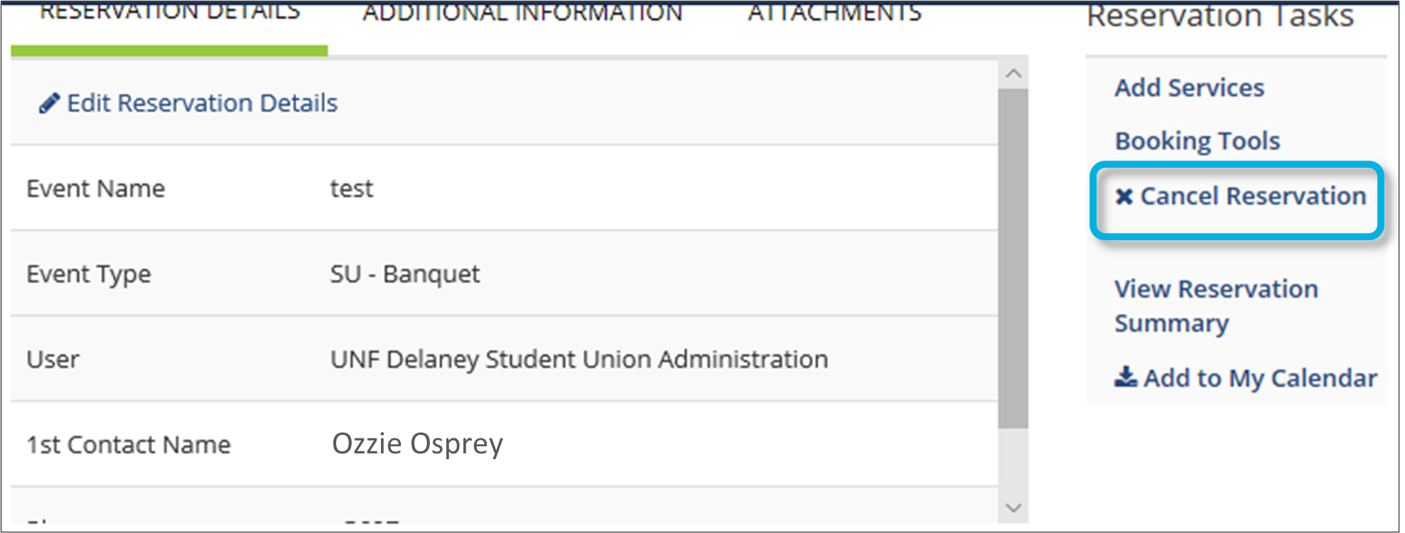 screenshot of cancel reservation link