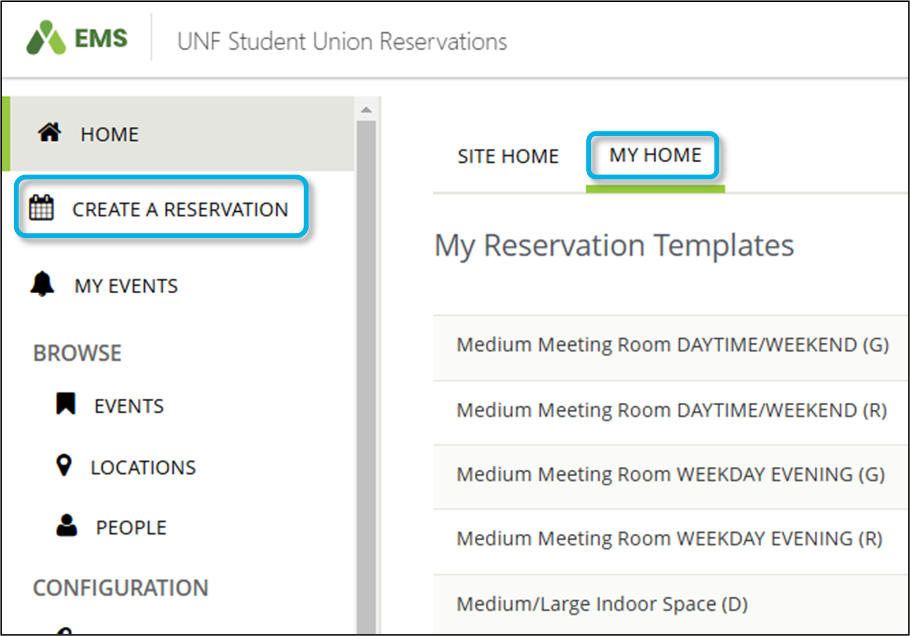 Create a reservation and my home button locations