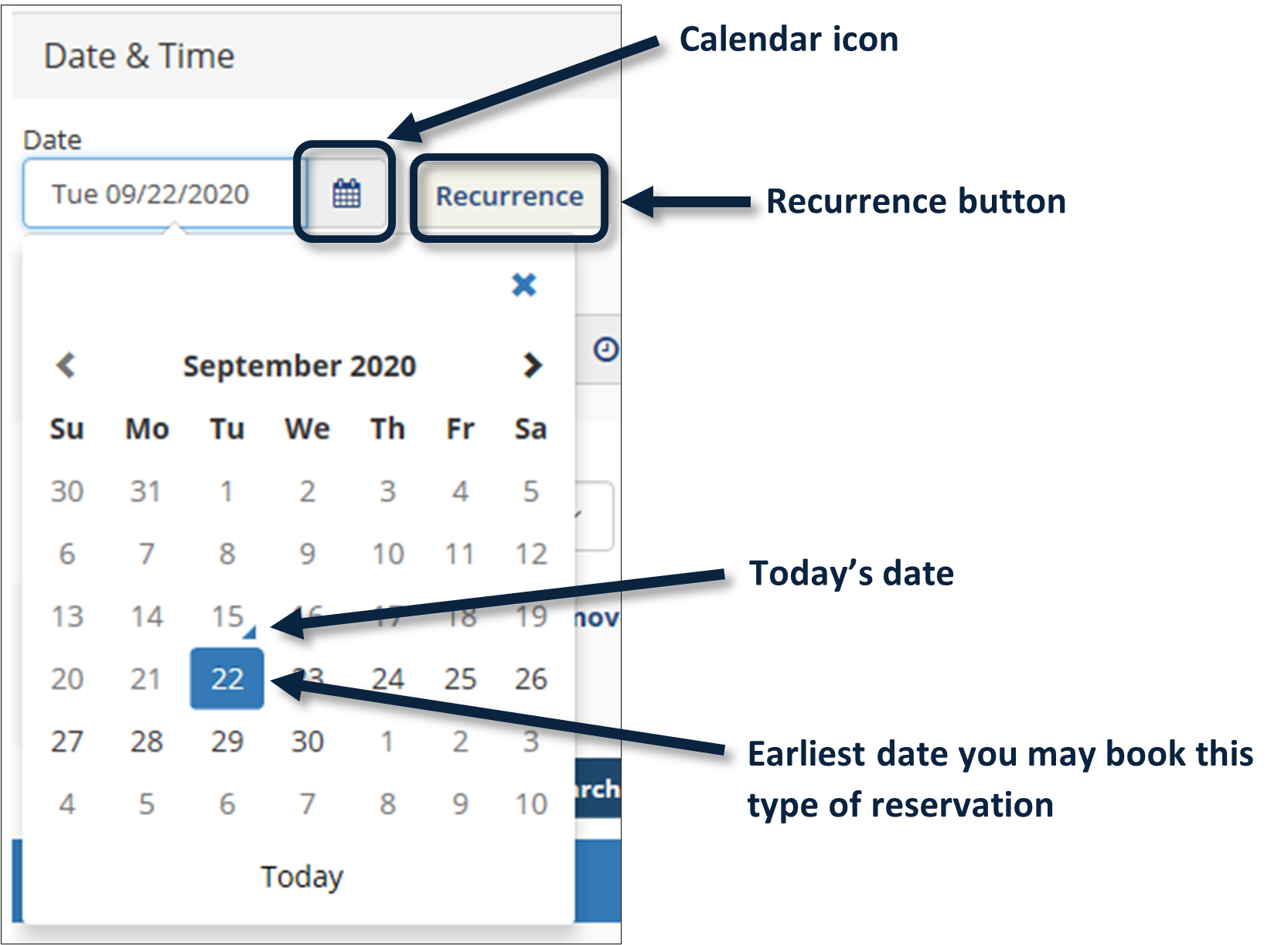 location of calendar, recurrence, today's date, and earliest booking date on webpage