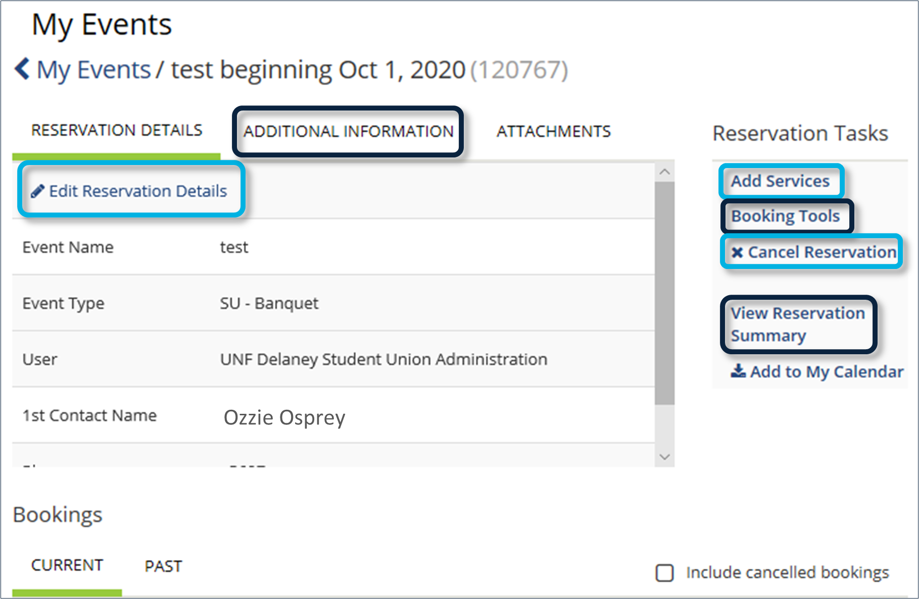 screenshot of edit reservation details webpage
