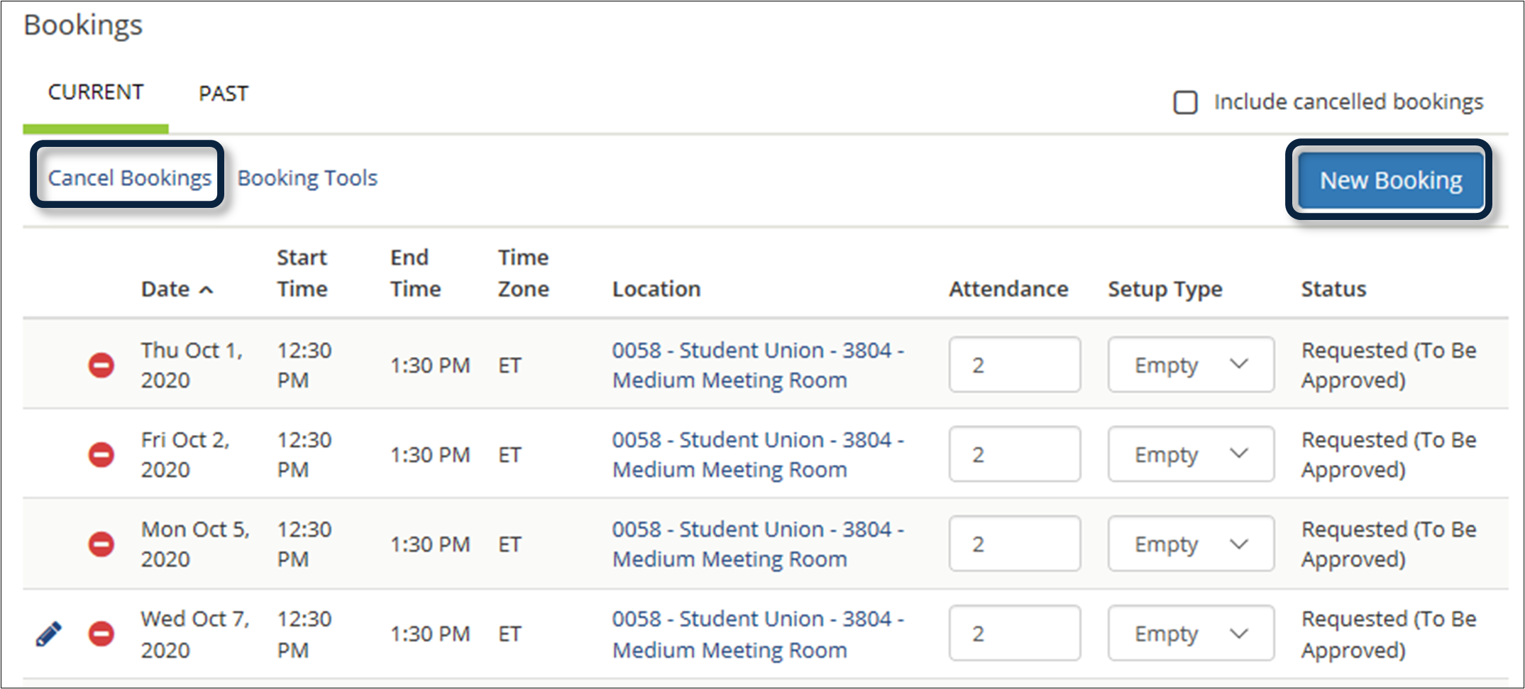 screenshot of new booking and cancel booking links