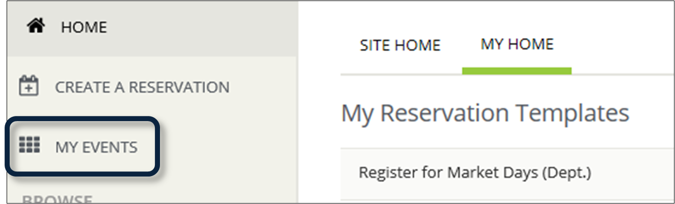 screenshot of my events link