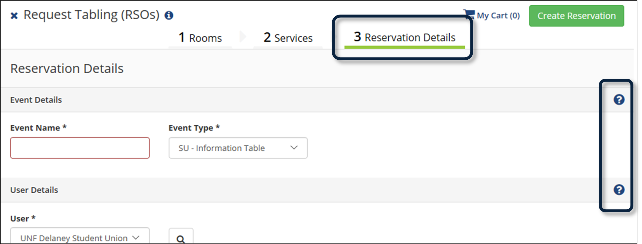 screenshot of reservation details webpage with question marks