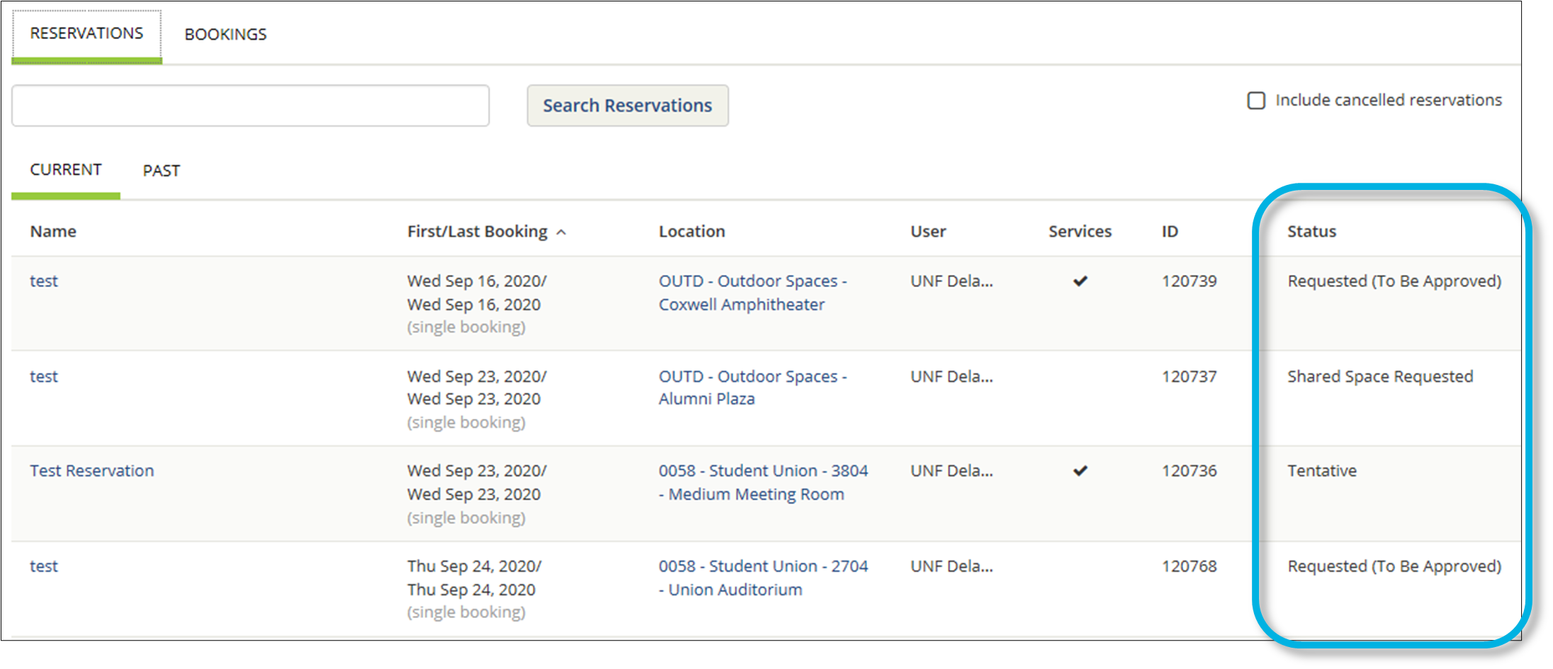 screenshot of reservation status list