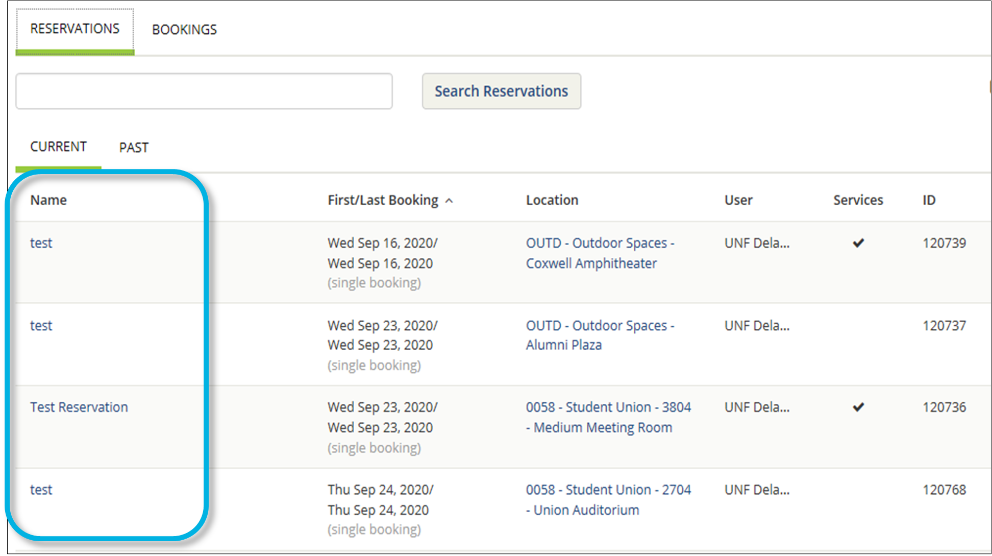 screenshot of my reservations list