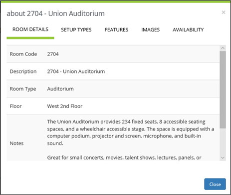 Example of room details information page, with setup types, features, images, and availability