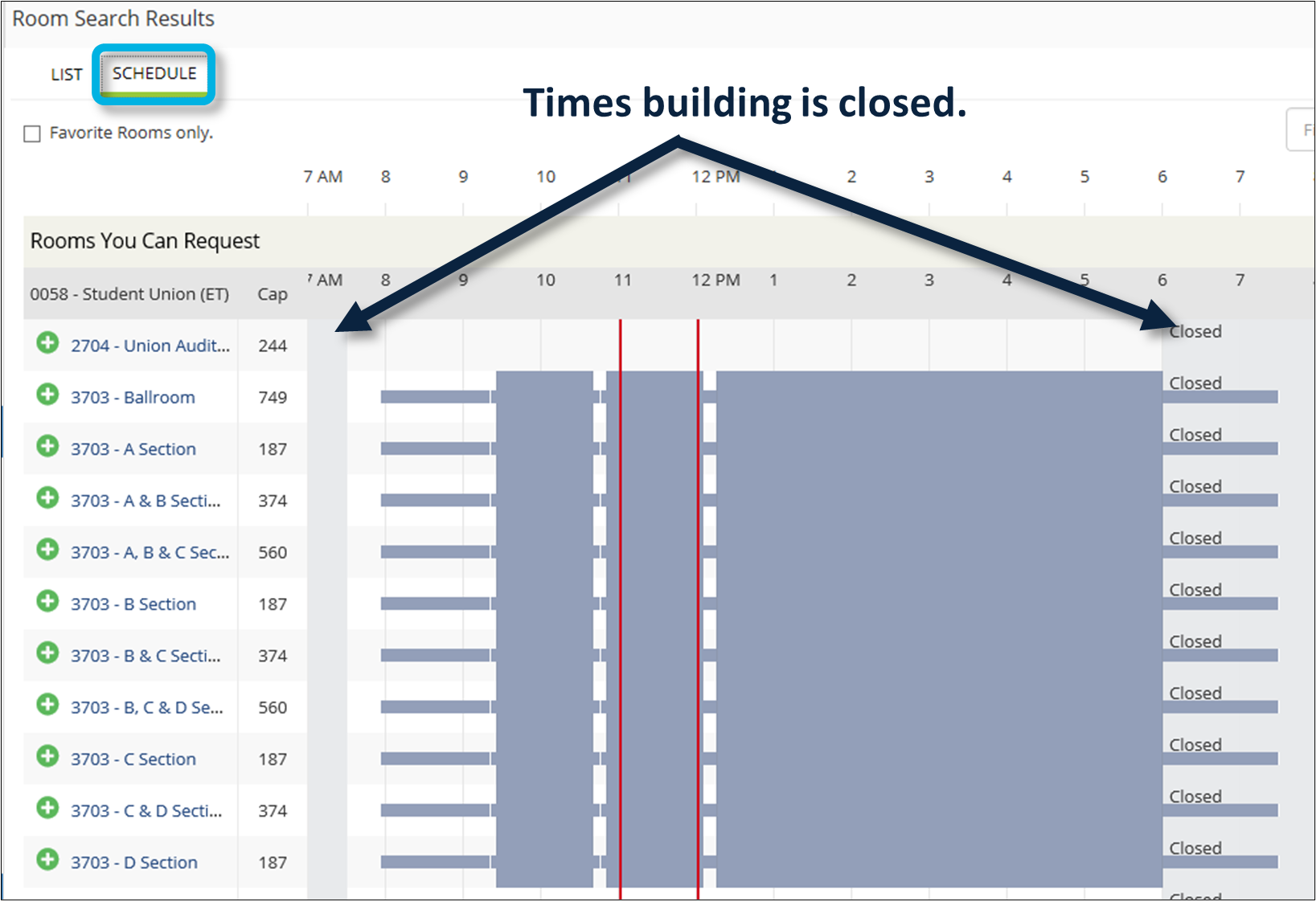 Schedule view showing building closure periods