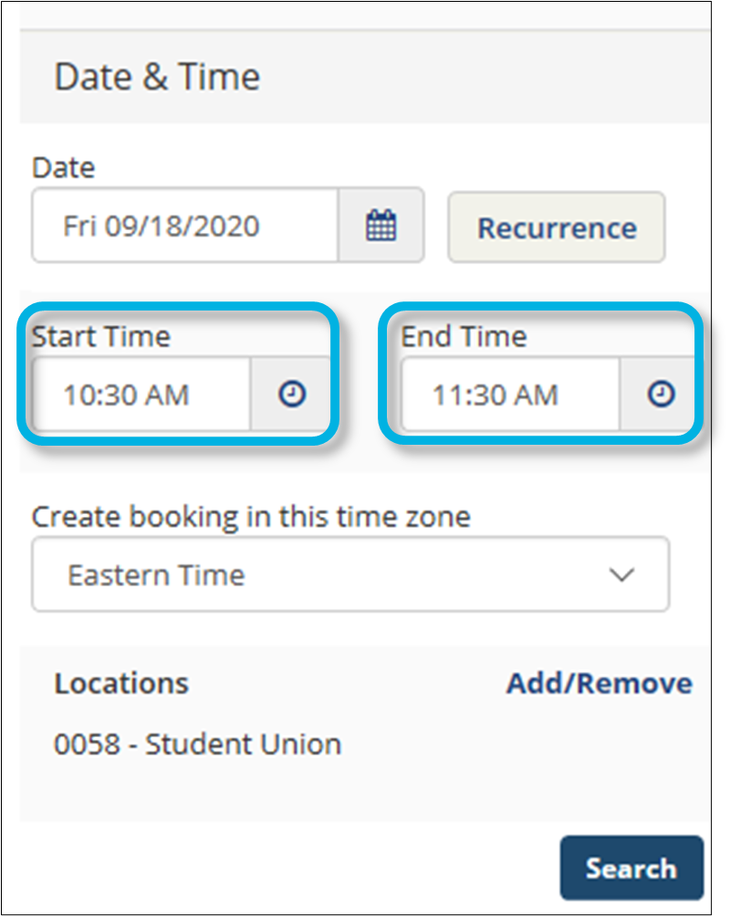 screenshot of Start Time and End Time fields