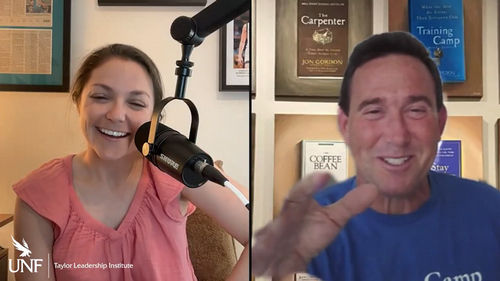Split screen of Mia O'Brien and Jon Gordon speaking during an online podcast