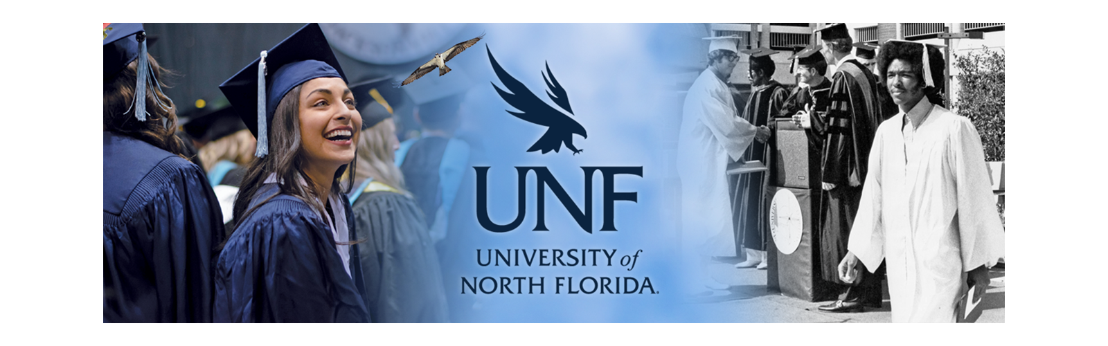 graduates from two eras with UNF logo in the middle
