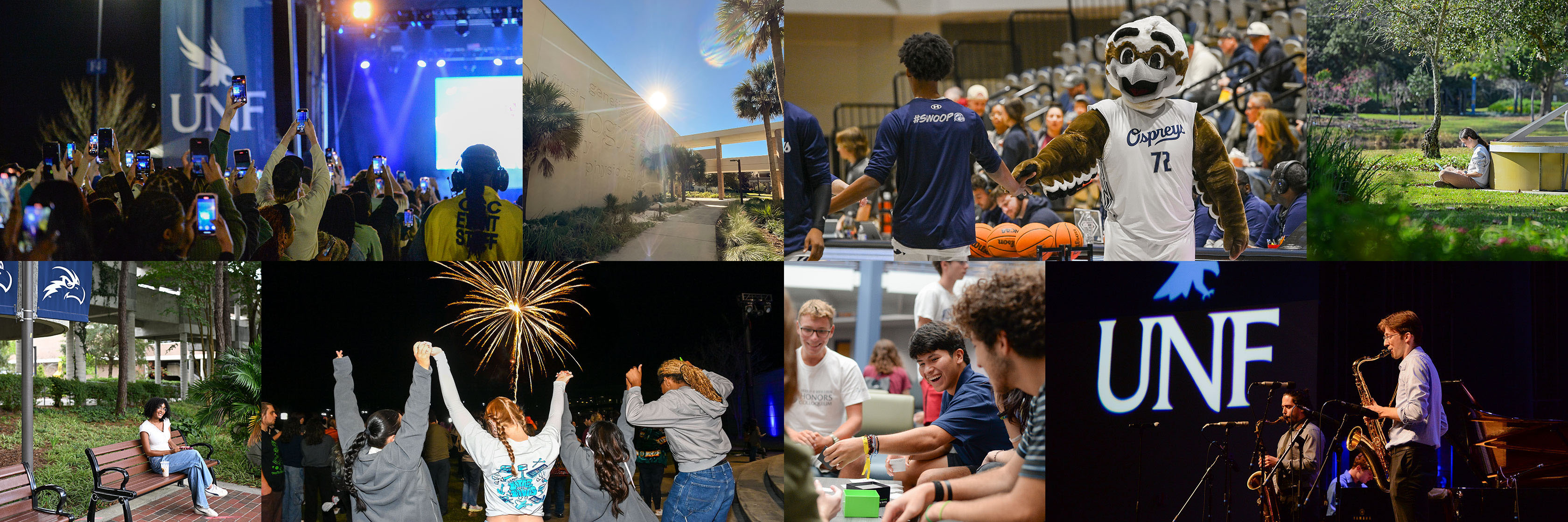 collage of 8 a building ozfest basketball game two of students sitting on campus fireworks game night jazz concert