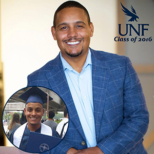 Headshot of Niko Negron with graduation photo in a circle