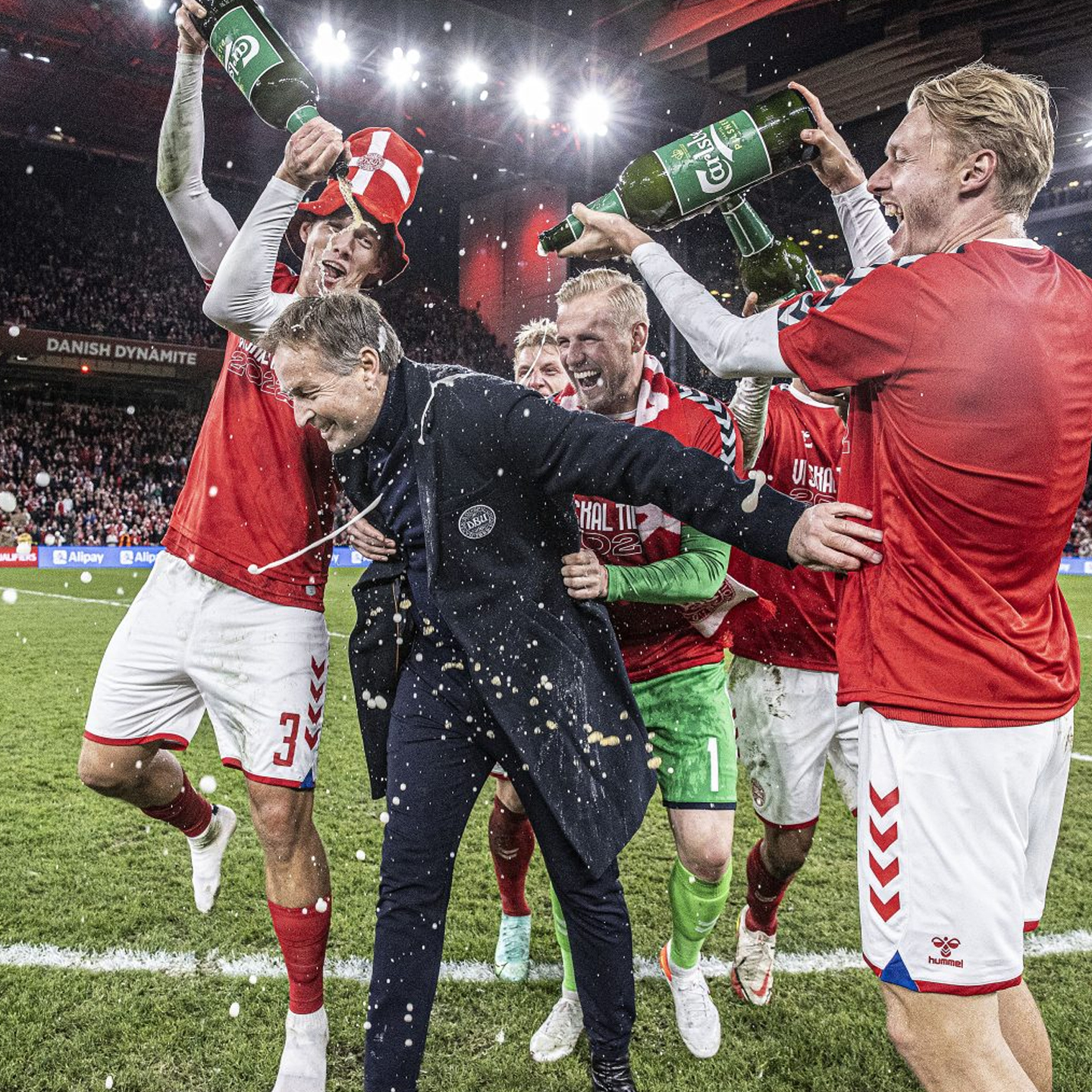 Kasper Hjulmund celebrating a soccer win with team