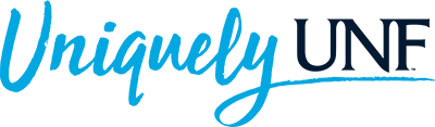 Cyan cursive text of Uniquely next to blue serif text of UNF